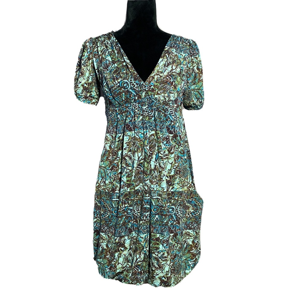 Eliza J NY Dress 4 Teal Olive Aqua Green Brown Floral Empire Pocket Jersey Beach